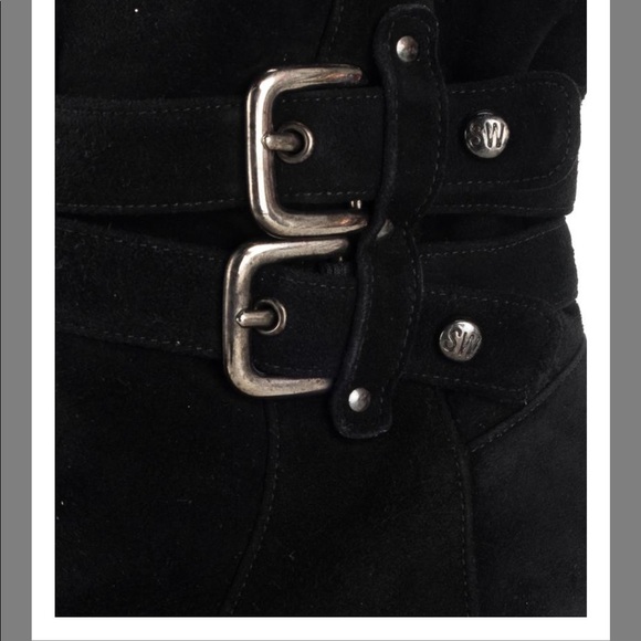Stuart Weitzman Ruched Buckle Suede Wedge Black Booties Boots Size 8 - Picture 5 of 13